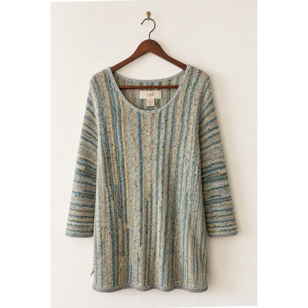 J Jill Sweater Women Medium Blue‎ Cotton Blend Knit Striped Preppy Mature Boho